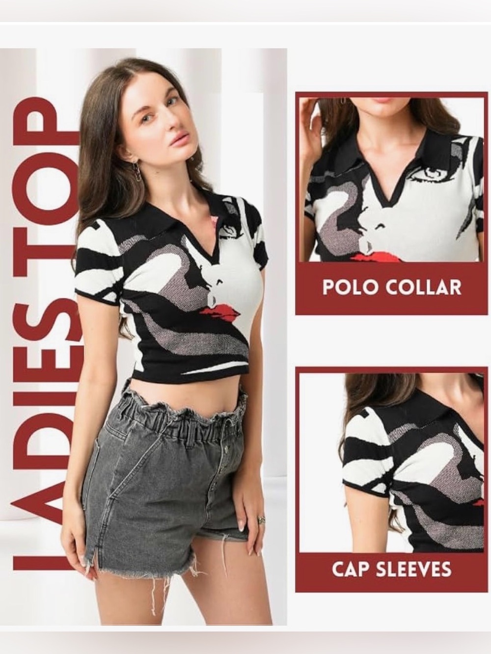 Noelle Black & White Polo-Collar Graphic Crop Top